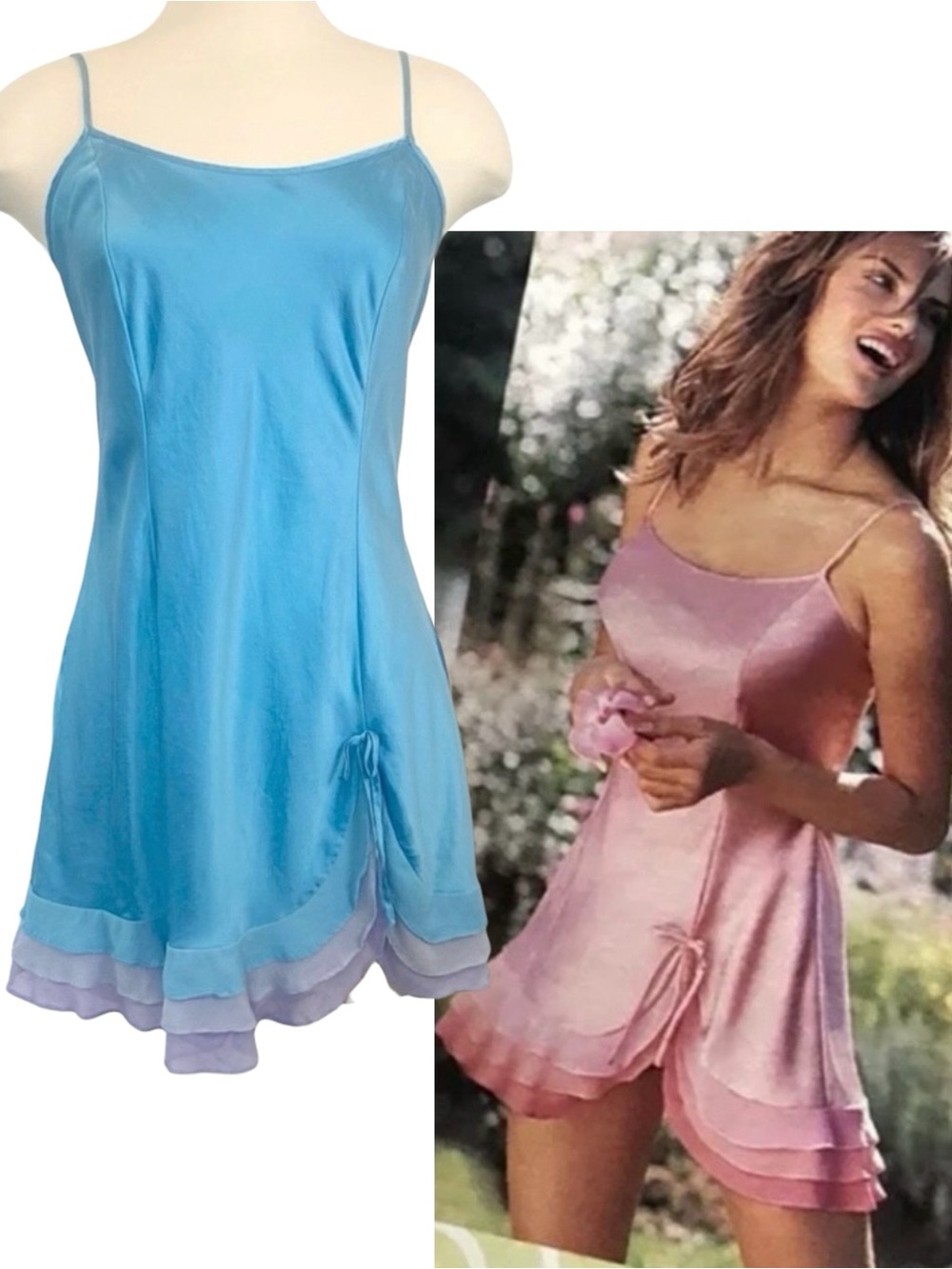 Y2K Victoria’s Secret 100% Silk Blue Mermaid Ruffle Keyhole Vintage Slip Dress M